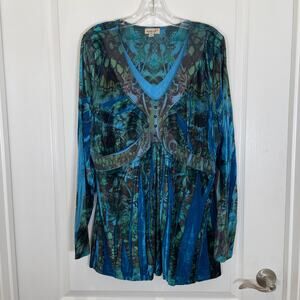 OneWorld Burnout Velvet Top V-neck Turquoise Floral Tunic Mermaid Whimsigoth 3X